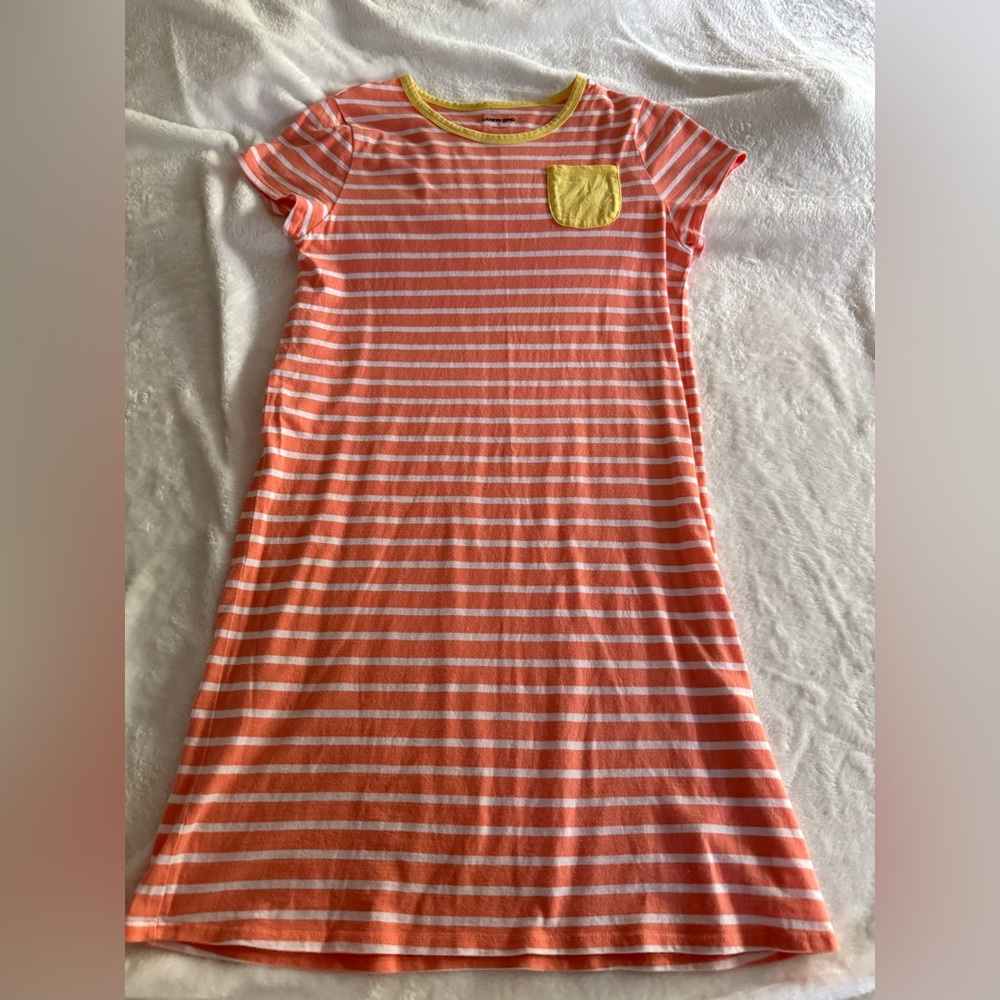 Lands’ End Orange White Striped Yellow Trim Shirt Dress 16 Girls
